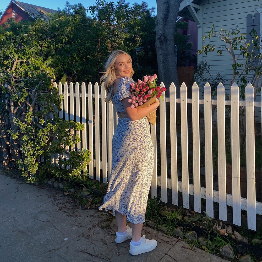 Light blue and purple floral midi dress with cutouts - Picture 2 of 7